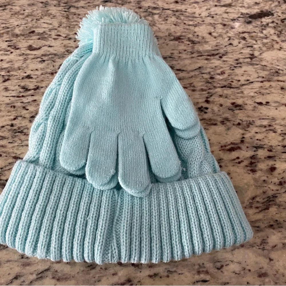 Disney Lilo & Stitch girls beanie mittens set light blue winter hat pom pom nwt